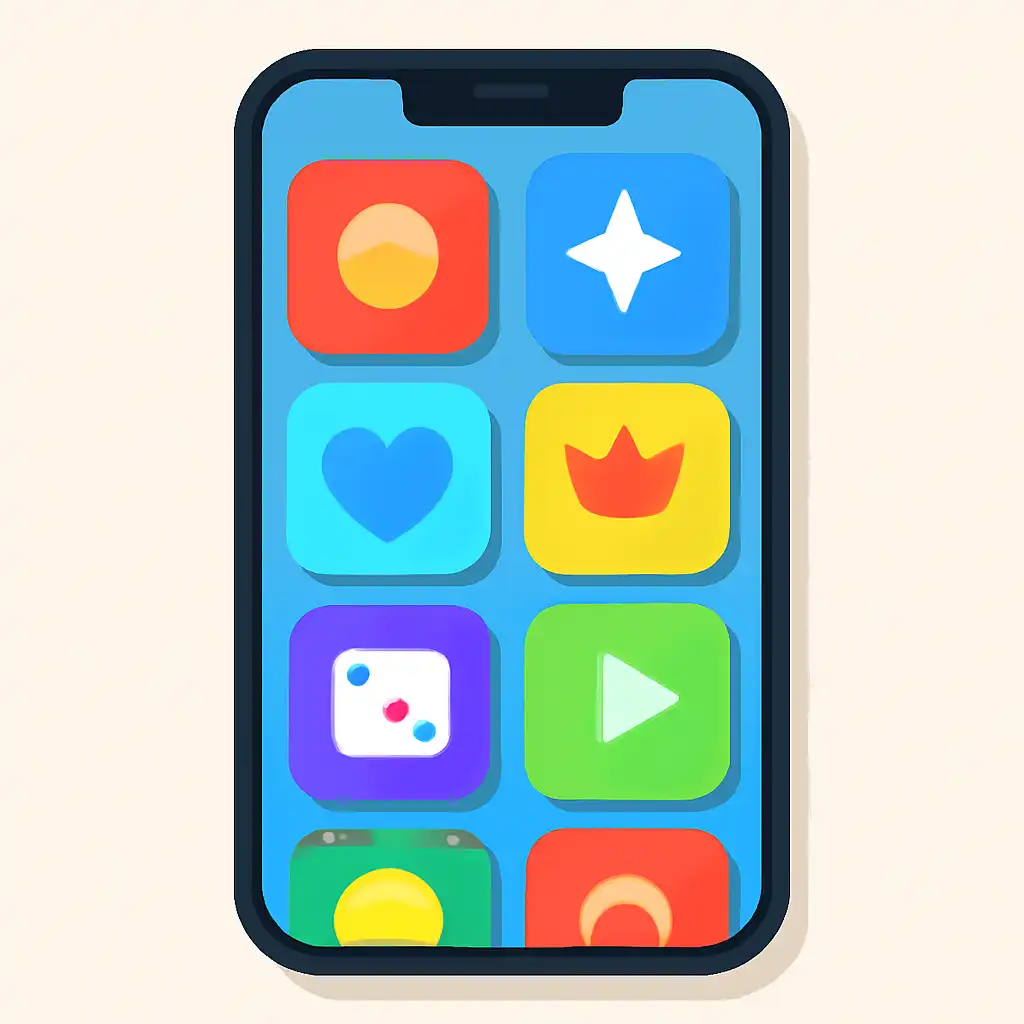 Smartphone shown from the front displaying a colourful flat layout of abstract game icons and rounded tiles (no text, no letters, no labels), Shree Win