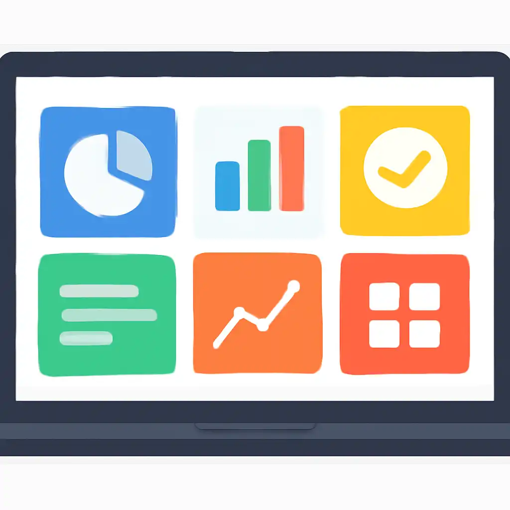 Laptop shown from the front displaying a colourful flat dashboard of abstract charts, bars and icon tiles (no text, no letters, no labels), Shree Win
