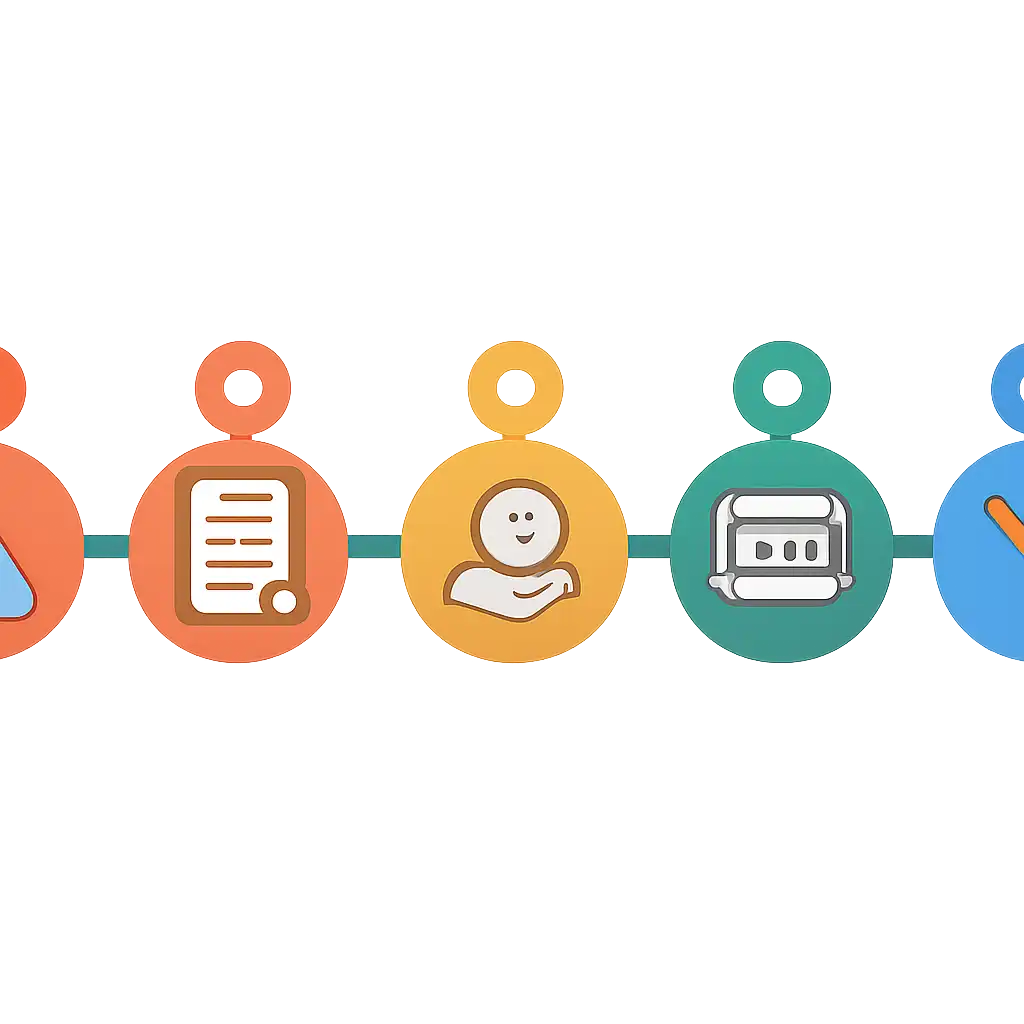 Five numbered circular icons connected by arrows in a horizontal flow, flat illustration, icons only, no words, Shree Win steps